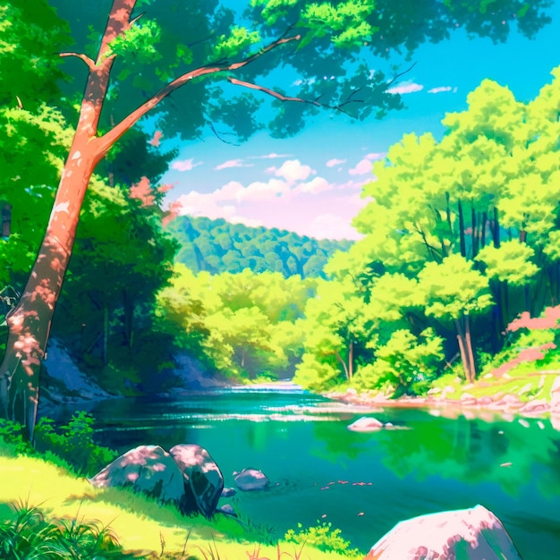 Journée ensoleillée sur la rivière dans le style Anime