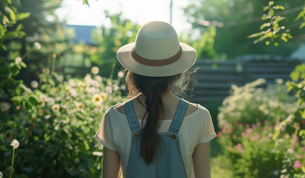 Une journée d'été sereine avec une jeune femme en chapeau de soleil appréciant la nature