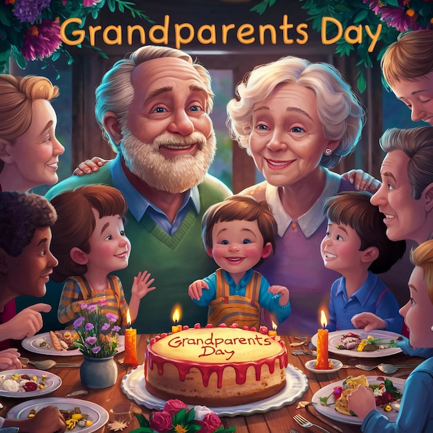 Photo la journée des grands-parents une affiche pour la célébration de la journée des grand-parents avec un gâteau avec