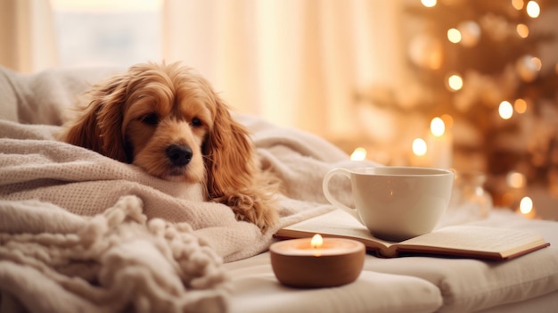 Journée d'hiver confortable à la maison avec un concept Hygge saisonnier pour épagneul endormi pour passer le week-end