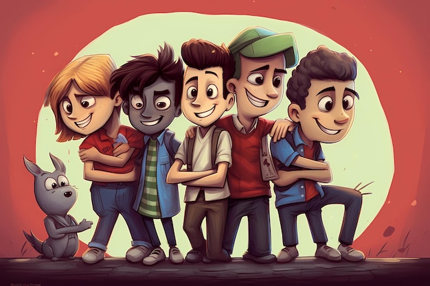 Journée internationale de l'amitié Une caricature d'un groupe de garçons dont l'un porte un chapeau vert
