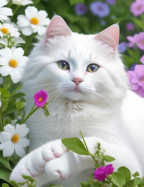 Journée internationale du chat beau chat blanc et fleuri génératif par Ai 01