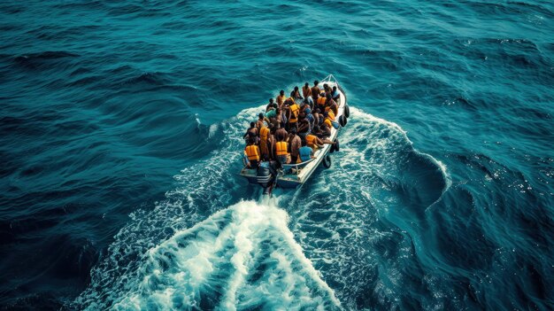 Photo journée internationale du migrant les travailleurs migrants migrent en bateau à travers la mer