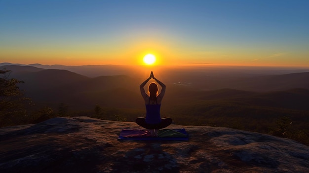 Journée internationale du yoga illustration de femmes sur le sommet d'une montagne à l'arrière-plan du soleil générée par l'IA