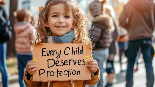 Photo journée internationale de l'enfance un enfant joyeux tenant une pancarte faite à la main disant que chaque enfant mérite la protection avec une foule de personnes de soutien en arrière-plan