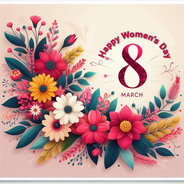 Photo journée internationale de la femme 8 mars avec une bannière promotionnelle à l'encadrement de fleurs