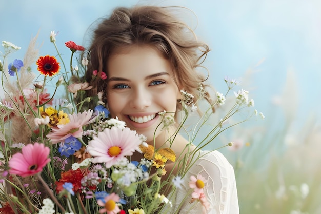 Journée internationale de la femme le 8 mars Femme avec un groupe d'amis féminins cadeau de fleurs