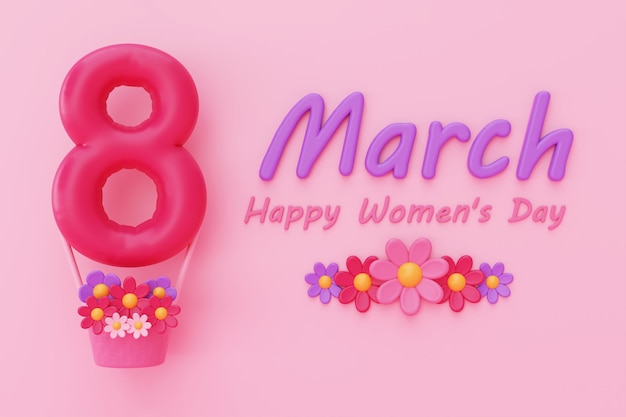 Journée internationale de la femme 8 mars numéro 8 avec des fleurs sur fond rose rendu 3d de la fête des mères