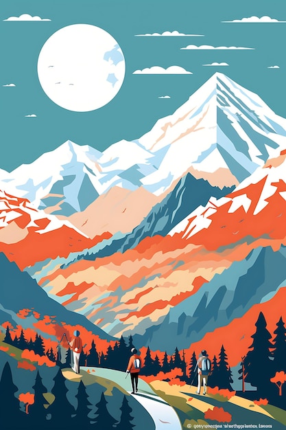 Journée internationale de la montagne avec des randonneurs admirant les vues de la Terre des affiches internationales colorées
