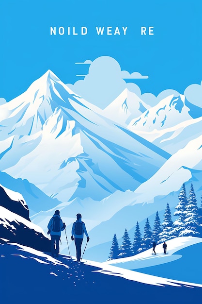 Journée internationale de la montagne avec des randonneurs en randonnée dans la neige Whit scène d'affiches internationales colorées