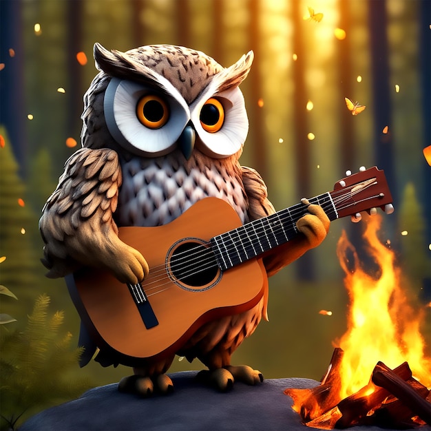 Journée internationale de la musique, un hibou joue de la guitare et chante près d'un feu de joie au milieu d'un été