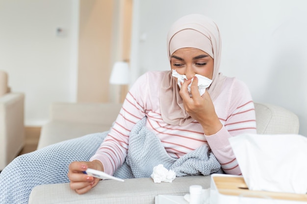 Journée de maladie à la maison Une jeune femme arabe a une toux qui coule et un rhume commun