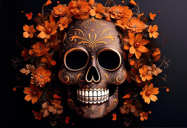 Journée mexicaine des morts à l'arrière-plan avec de nombreuses fleurs d'orange IA générative
