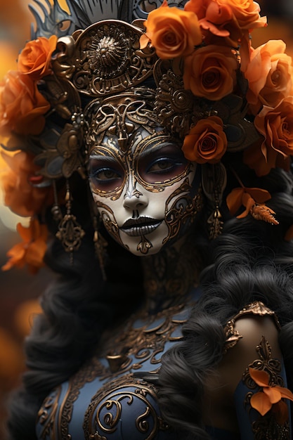 Journée mexicaine des morts crâne de sucre catrina belle fille avec un maquillage délicat