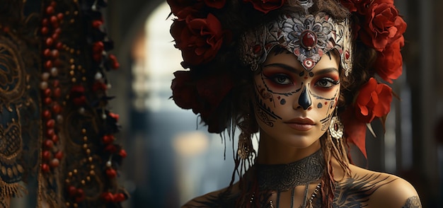 Journée mexicaine des morts crâne de sucre catrina belle fille avec un maquillage délicat