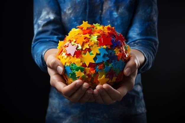 Journée mondiale de l'autisme avec des mains peintes et des pièces de puzzle