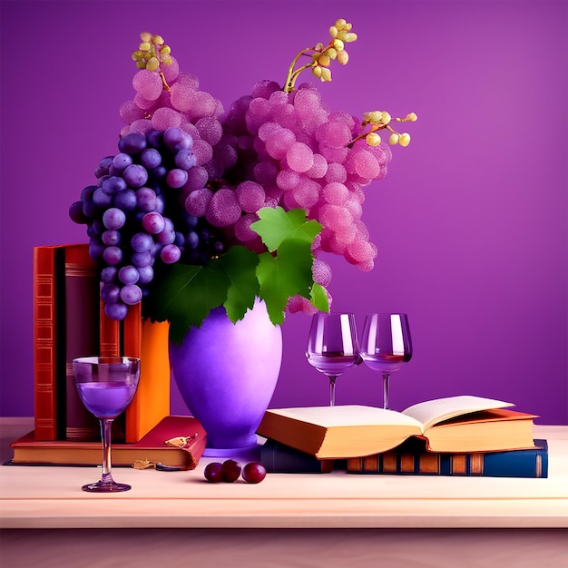 Journée mondiale de la connaissance un vase avec des fleurs dans un vase est sur la table des livres sur la table et des raisins