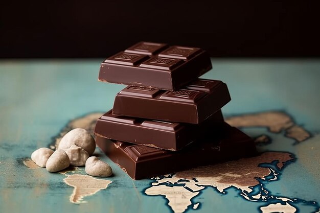 Journée mondiale du chocolat Une pile de barres de chocolat sur une carte du monde