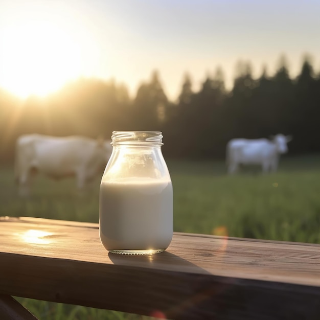 Journée mondiale du lait Bouteille de lait ou pot sur table en bois Generative Ai