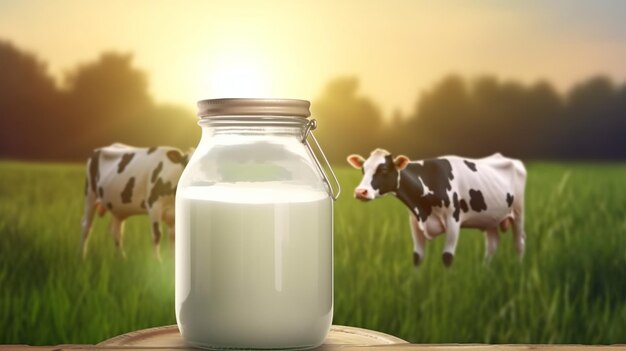 Journée mondiale du lait Bouteille de lait ou pot sur table en bois Generative Ai