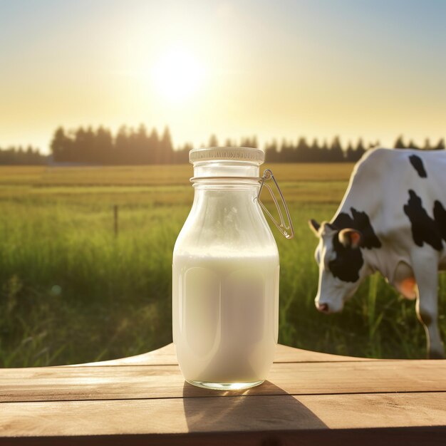 Journée mondiale du lait Bouteille de lait ou pot sur table en bois Generative Ai