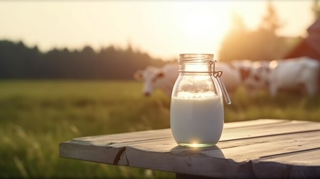 Photo journée mondiale du lait bouteille de lait ou pot sur table en bois generative ai