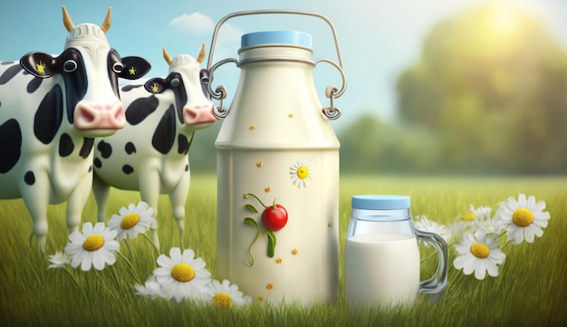 Journée mondiale du lait Une bouteille de lait de vache et une vache sur un champ Generative Ai