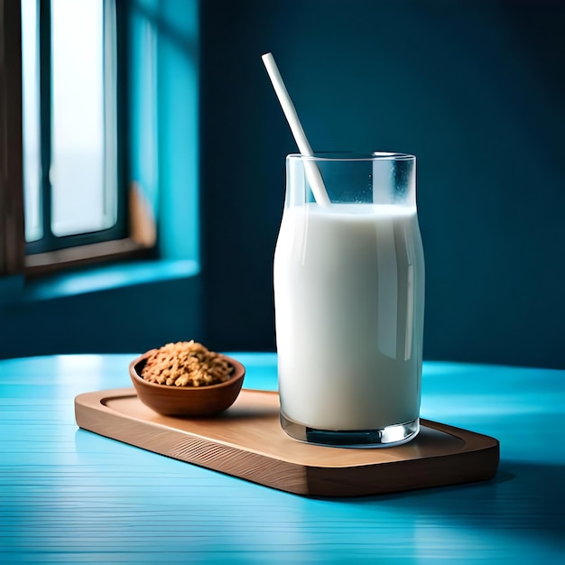 Journée mondiale du lait Un verre de lait sur une table en bois fond bleu Ai générative