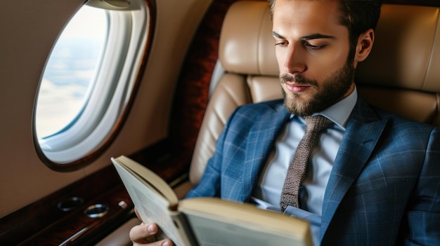 Journée mondiale du livre concept homme d'affaires lisant un livre dans un avion IA générative