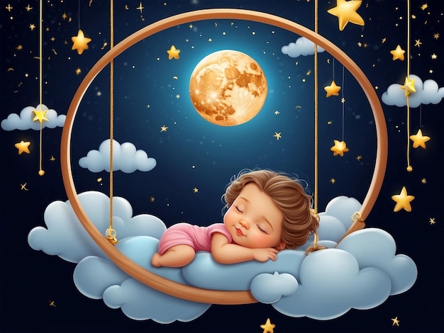 La Journée mondiale du sommeil est un concept unique une mignonne petite fille qui dort sur une balançoire de nuages