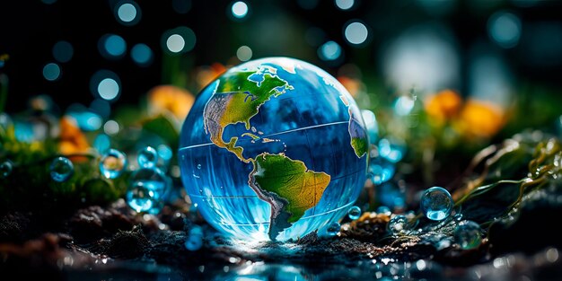 Photo journée mondiale de l'eau la terre en tant que planète bleue entourée de cultures diverses se réunissant pour la conservation de l' eau