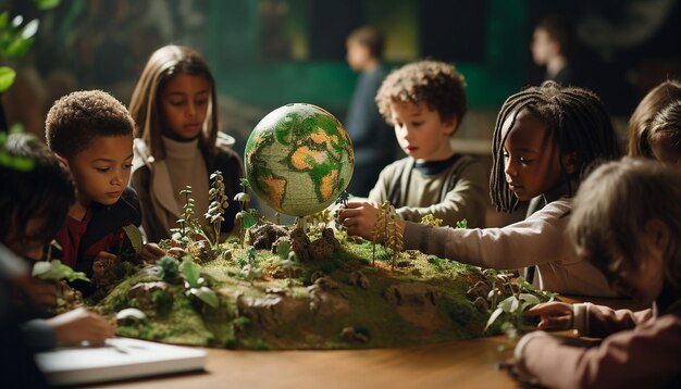 Photo journée mondiale de l'environnement une photo d'enfants dans une salle de classe interagissant avec un modèle de globe terrestre