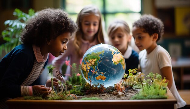 Journée mondiale de l'environnement Une photo d'enfants dans une salle de classe interagissant avec un modèle de globe terrestre