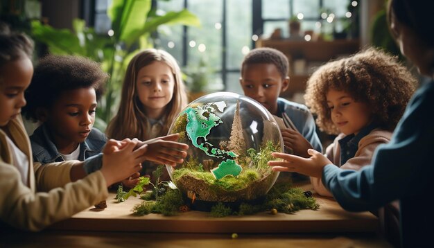 Photo journée mondiale de l'environnement une photo d'enfants dans une salle de classe interagissant avec un modèle de globe terrestre