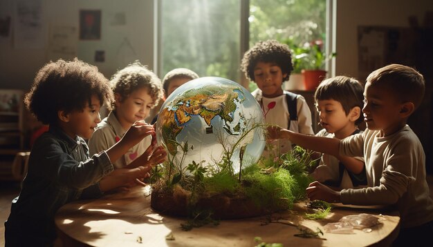 Photo journée mondiale de l'environnement une photo d'enfants dans une salle de classe interagissant avec un modèle de globe terrestre