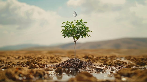 Journée mondiale de la lutte contre la désertification et la sécheresse 17 juin Jeune arbre dans le désert avec une icône de goutte d'eau symbolisant l'espoir