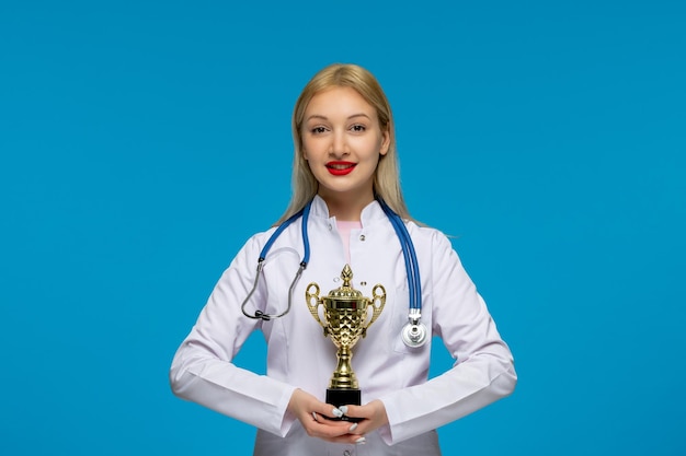 Journée mondiale des médecins mignon jeune médecin tenant le trophée d'or et le stéthoscope dans la blouse de laboratoire