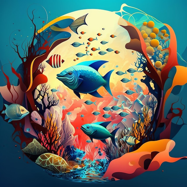 Photo journée mondiale de l'océan animaux du monde sous-marin poissons colorés generative ai