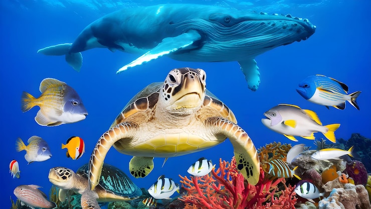 Photo journée mondiale de l'océan monde sous-marin journée mondiale des océans conception avec dauphins requins coraux plantes marines raies