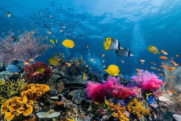 Photo journée mondiale des océans écosystème sous-marin avec des coraux vibrants de nombreux poissons et des eaux bleues claires