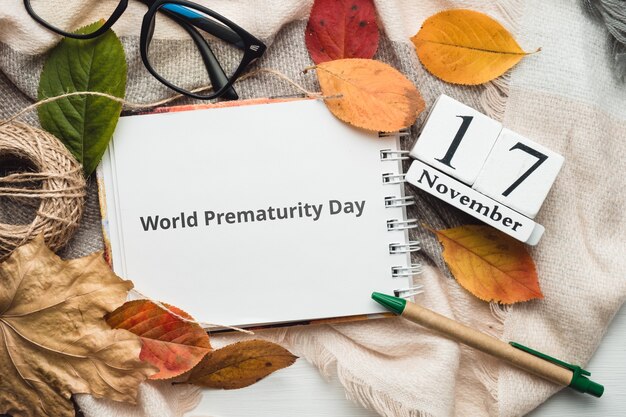 Journée mondiale de la prématurité. 17 novembre dans le calendrier à base de cubes blancs sur couverture avec cahier et feuilles. Manta à plat