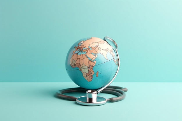 Journée mondiale de la santé Stéthoscope enveloppé autour du globe sur fond bleu