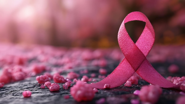 Journée mondiale de la sensibilisation au cancer symbole de ruban rose sur un fond rose flou cancer du sein en gros plan