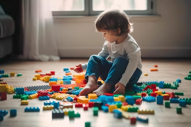 Journée mondiale de sensibilisation à l'autisme Enfant jouant avec des puzzles colorés dans une salle blanche vide Illustration de l'IA générative