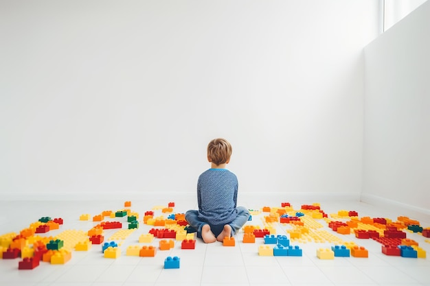 Journée mondiale de sensibilisation à l'autisme Enfant sans visage assis seul dans une salle blanche parmi des puzzles colorés Illustration de l'IA générative