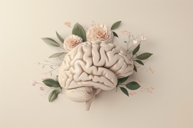 Photo journée mondiale de la sensibilisation à la santé mentale illustration de feuilles et de fleurs du cerveau humain