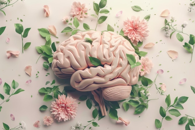 Photo journée mondiale de la sensibilisation à la santé mentale illustration de feuilles et de fleurs du cerveau humain