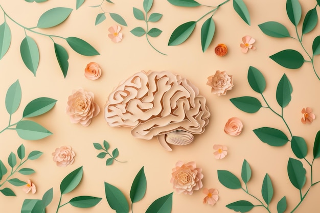 Photo journée mondiale de la sensibilisation à la santé mentale illustration de feuilles et de fleurs du cerveau humain