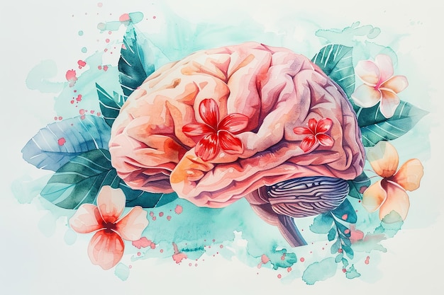 Photo journée mondiale de la sensibilisation à la santé mentale illustration de feuilles et de fleurs du cerveau humain