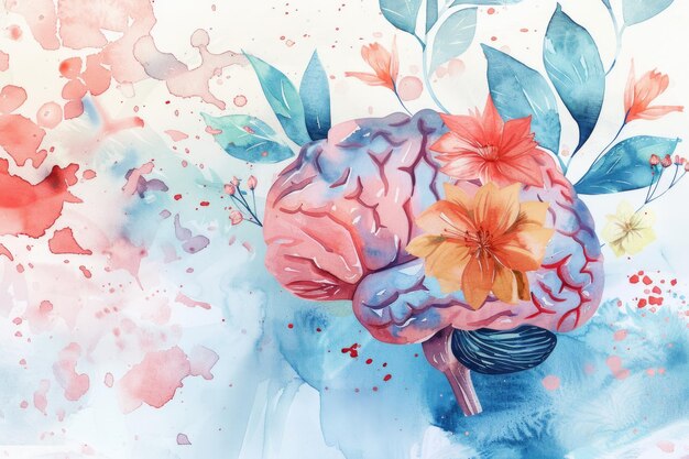 Photo journée mondiale de la sensibilisation à la santé mentale illustration de feuilles et de fleurs du cerveau humain